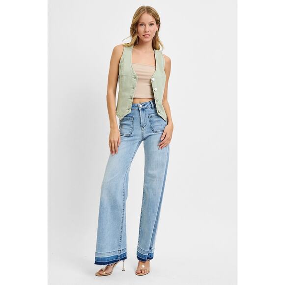 RISEN V-Neckline Button Closure Sleeveless Stretch Casual Denim Vest | Pistachio - Picture 7 of 7